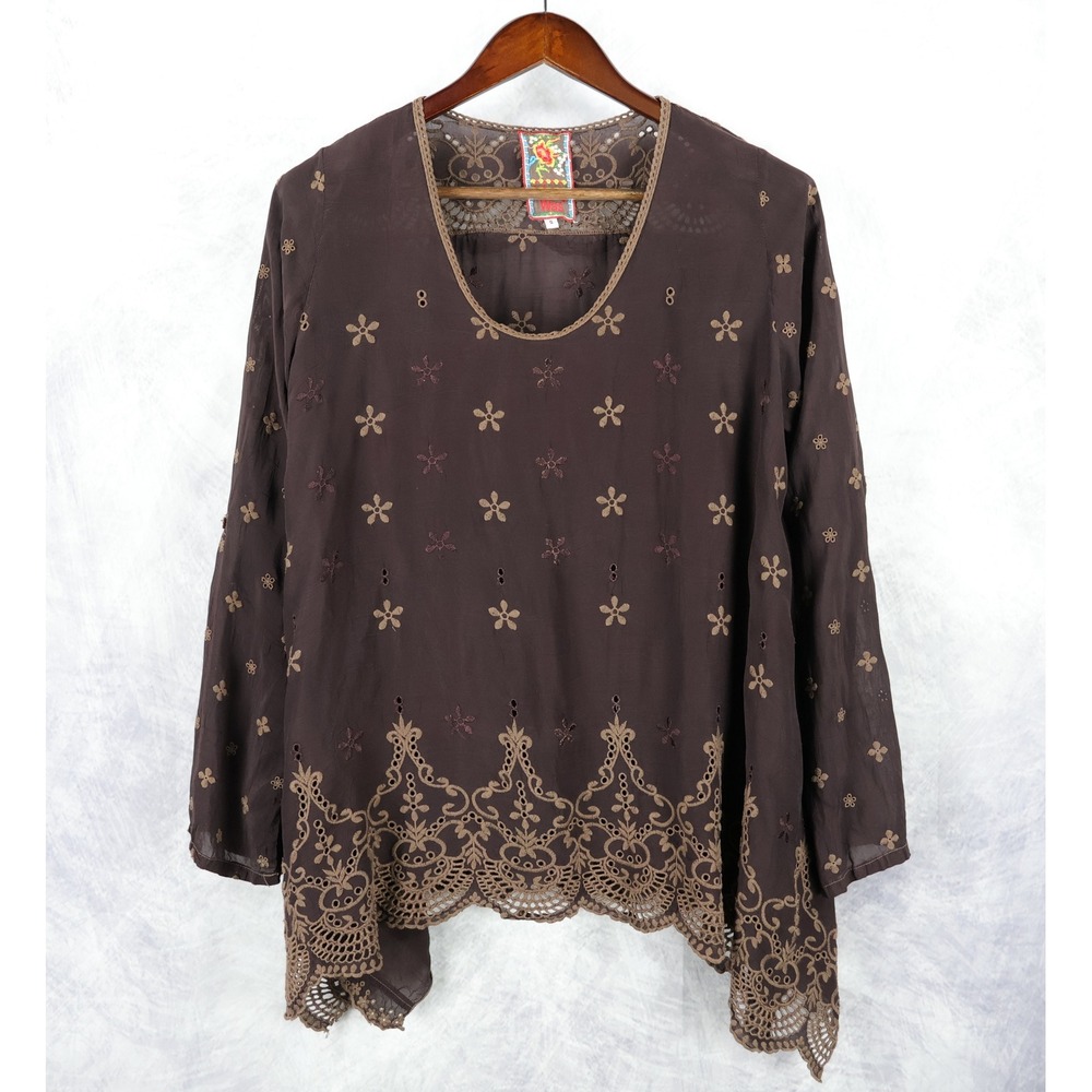 Johnny Was Embroidered Blouse Womens S Brown Lace Eyelet Boho Cupra Rayon Top